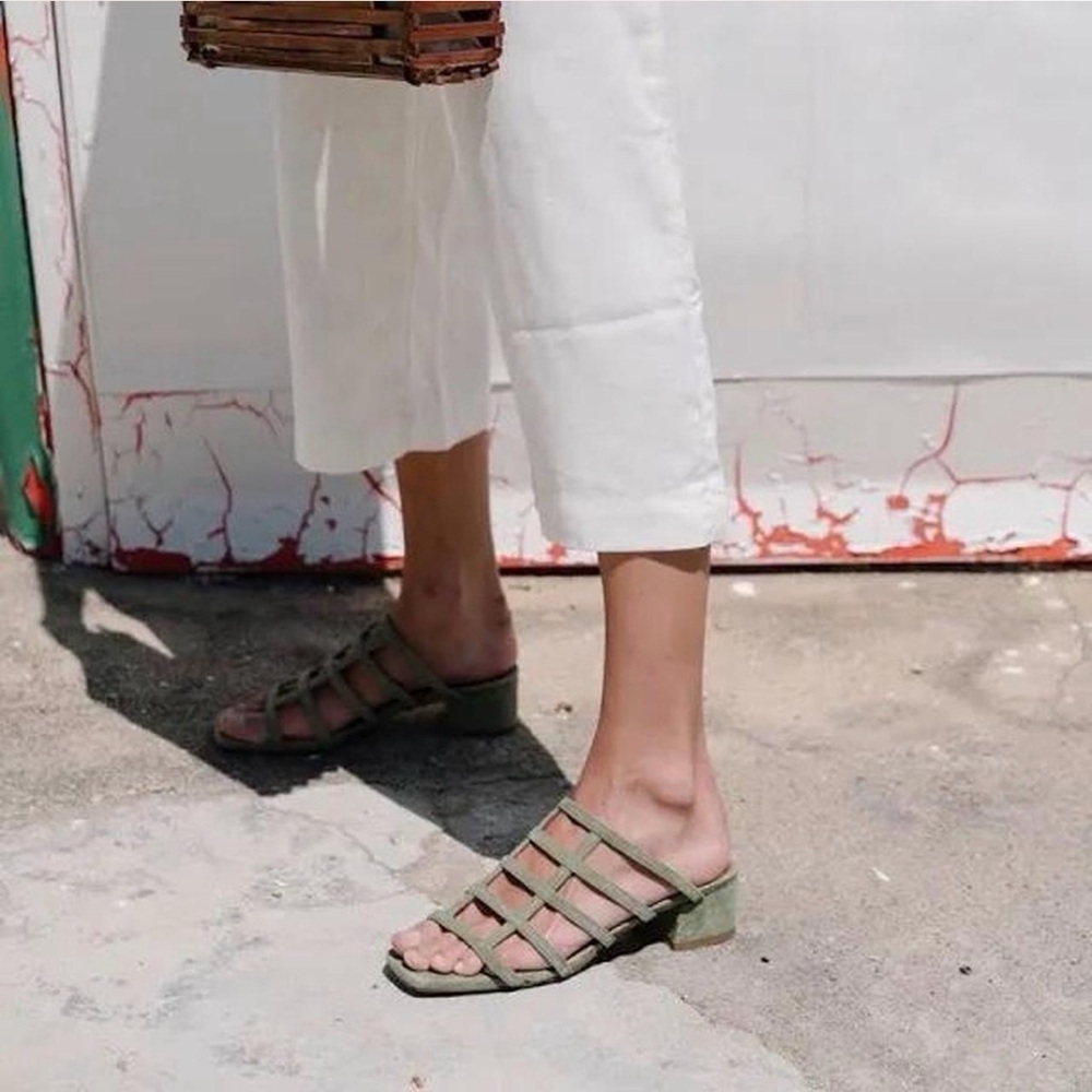 BY FAR Sage Green Strappy Mule Sandals
